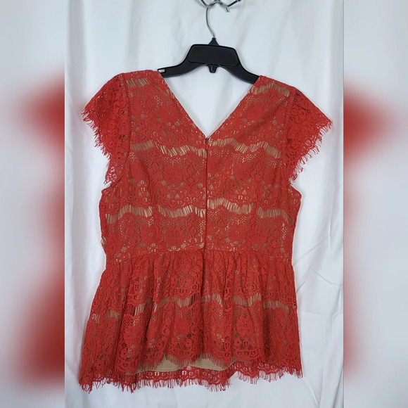 Maeve Anthropologie Katrine Red Orange Peplum Lace Short Cap Sleeve Blouse Sz L - Picture 5 of 8